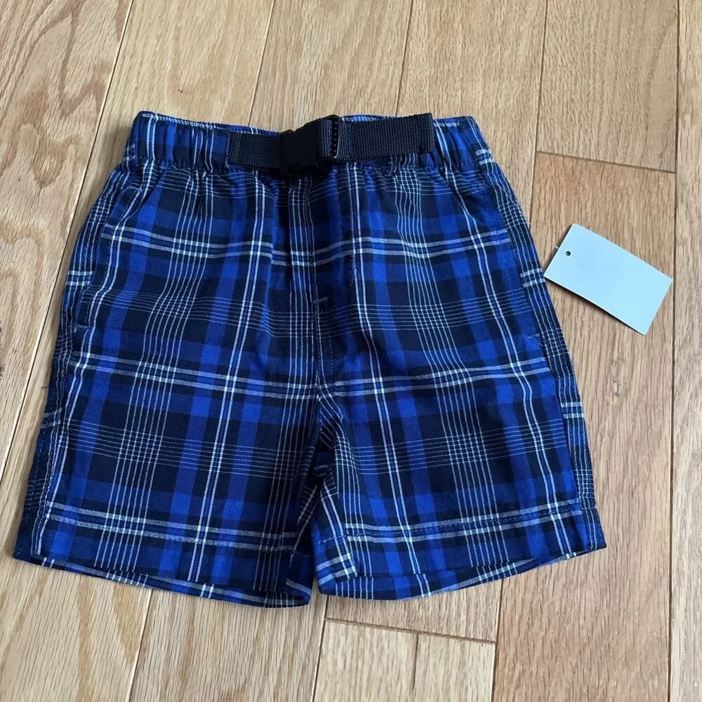 Nautica Infant Boys 2-Piece Blue/Black/White Plaid Shorts Heather Shirt Sz 12M